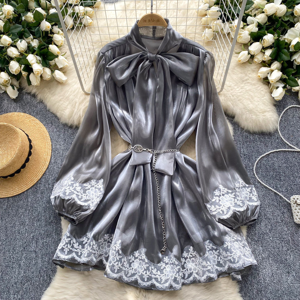 Spring european and american style women's dress - bow neckline, tie-up lantern sleeves, lace trim, shiny chiffon skirt, mini dress