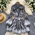 Spring european and american style women's dress - bow neckline, tie-up lantern sleeves, lace trim, shiny chiffon skirt, mini dress