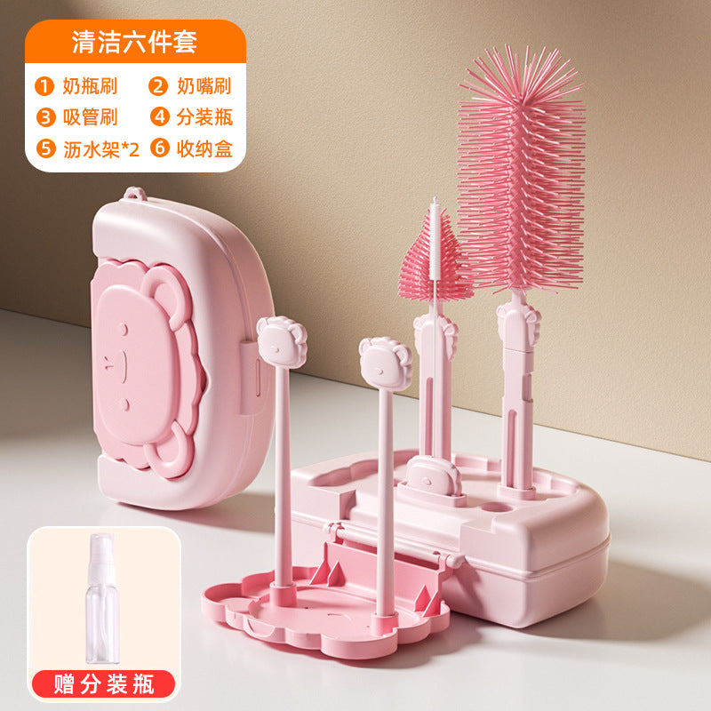 Infant and toddler cleaning brush set - includes straw brush, cup brush, drain rack, and storage box - baby silicone bottle brush