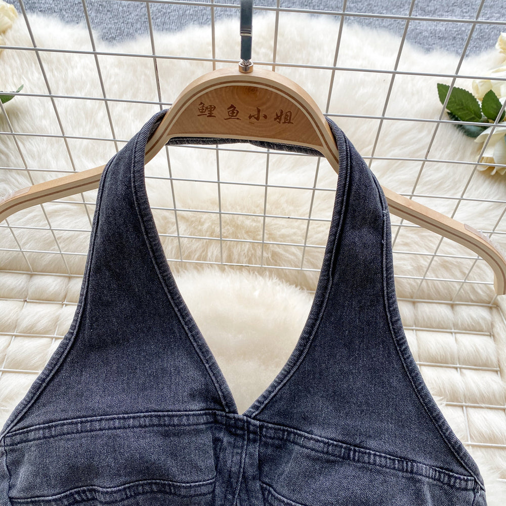 Dopamine cool spicy denim suit women's summer retrosense of design halter camisole + high waist hip cover skirt