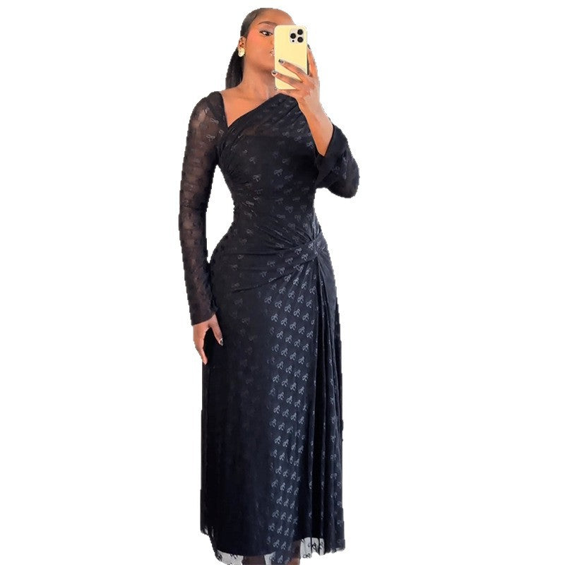 European and american cross-border women's fashion:  autumn new arrivals - sexy, elegant, asymmetrical neckline, high-end slim-fit bodycon long sleeve dress