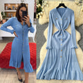 Elegant knitted dress: new autumn/winter  collection - high-end long sleeve, cinched waist maxi dress with v-neck and ruffle hem
