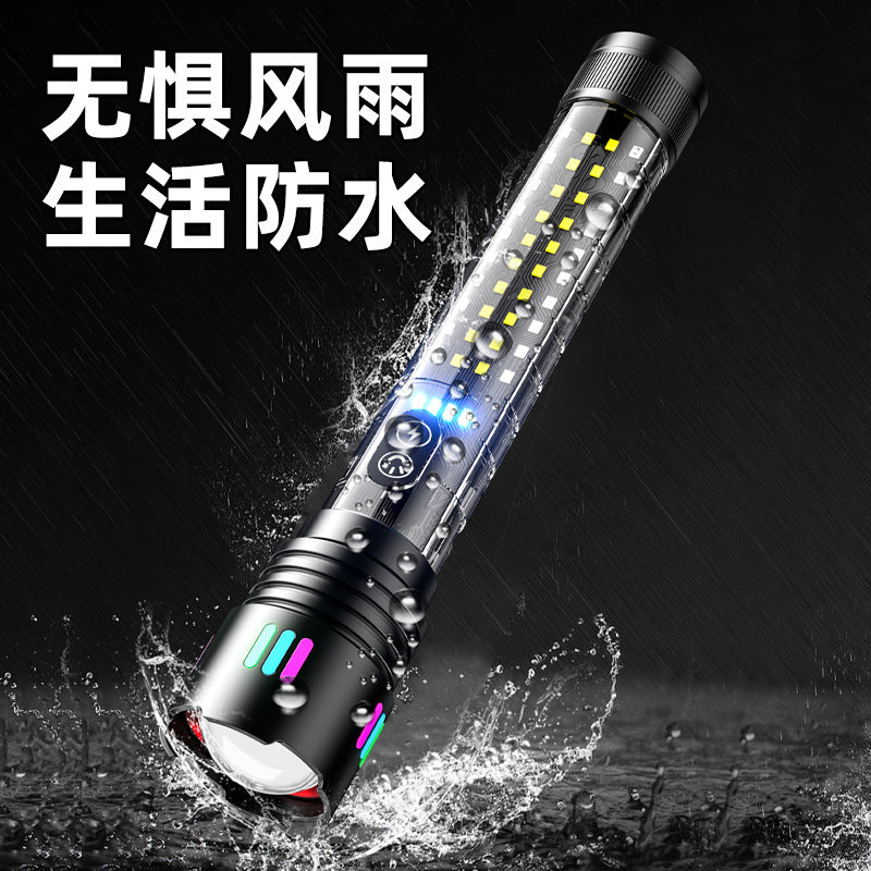 Cross-border new white laser LED flashlight charging outdoor zoom with side light red and blue warning strong light flashlight