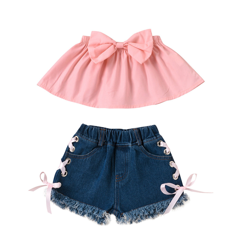 newborn children's wear: european and american style solid color bowknot bandeau top and tie-waist denim shorts two-piece set