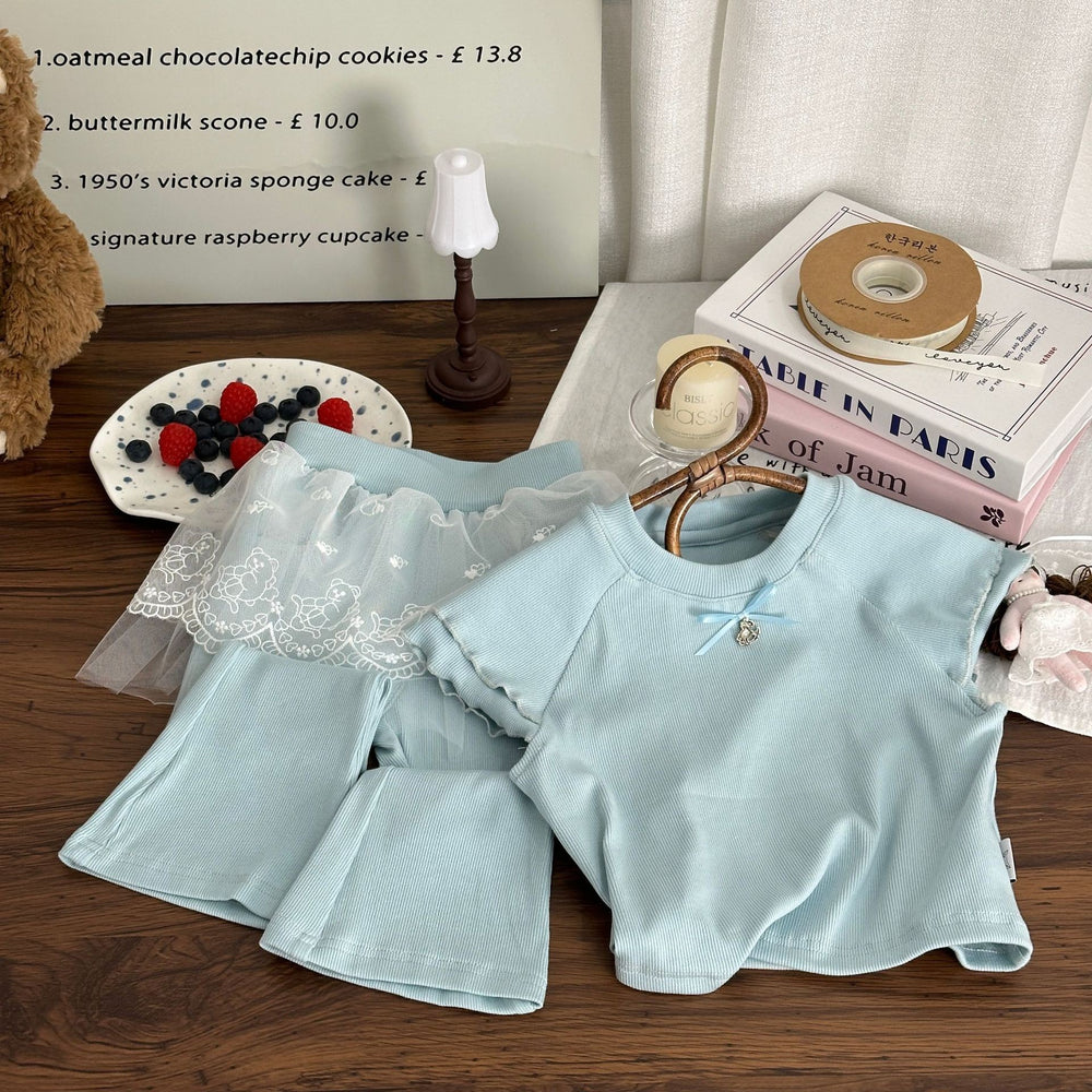 Girls' knitted summer outfit set : korean style cute lace trim straight-leg pants set - trendy