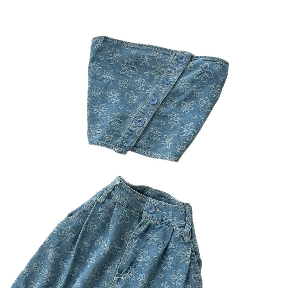 Pure desire style denim suit women's summertwo-piece setprintingtube top vesthigh waistloose pantsslimming lookwork clothing style