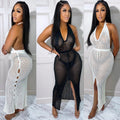 Fashion cross-border women's clothing  supply fashionsexytie back deep vpure colorcut out mesh slit dress