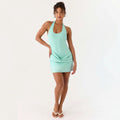 summer new sleeveless halter u-neck patchwork satin shirred bodycon mini dress