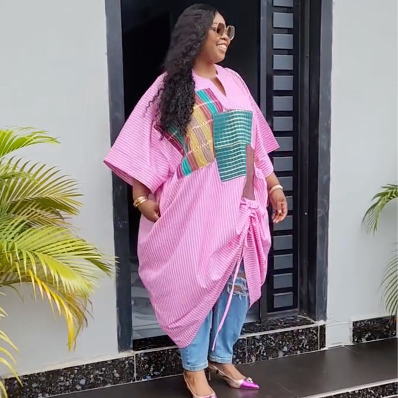 European and american cross-border african women's clothing  spring new arrival: elegant casual loose plus size pink striped dress
