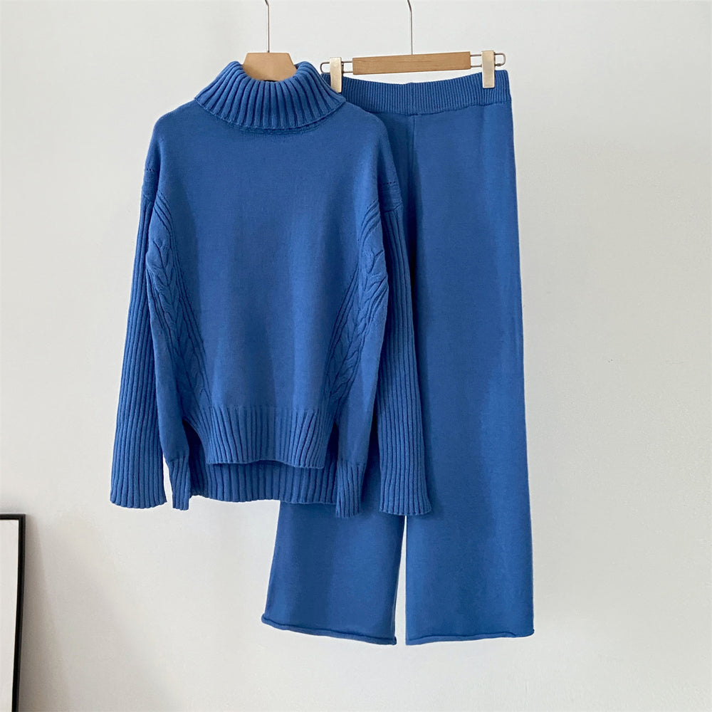 Autumn winternew arrivalknittingsuitelegantcasual slit sense of design high collar sweaterpure colorloose pantstwo-piece set