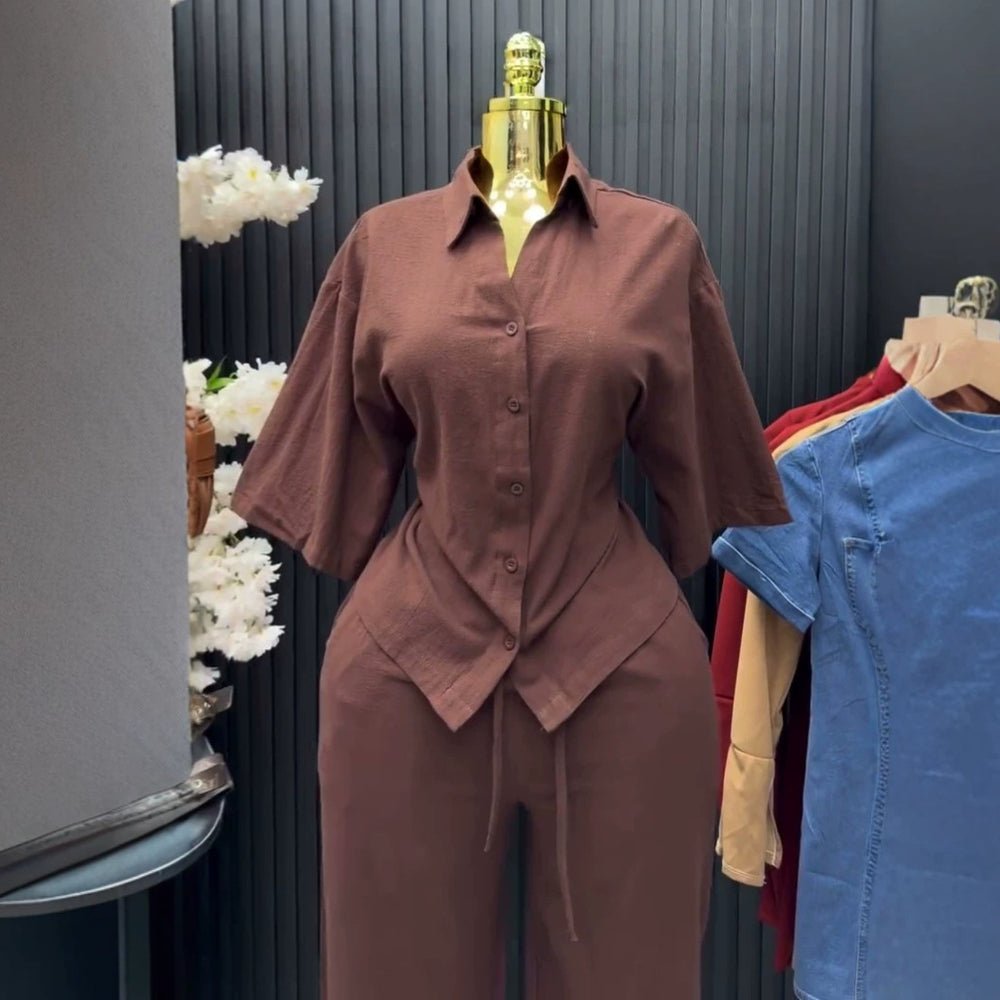 European and american cross-border women's clothing  summer new arrival: elegant casual turn-down collar solid color short sleeve shirt and high-waisted pants set