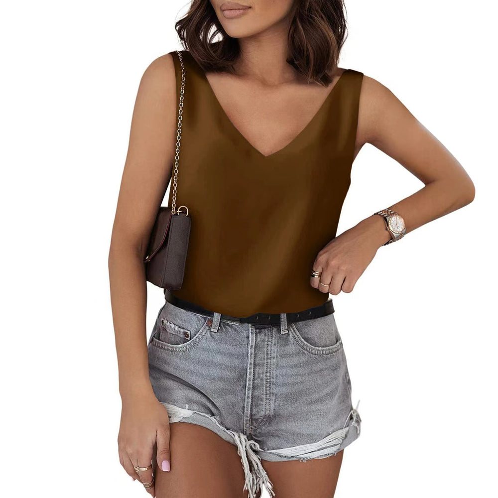 Ready-to-ship european and american style solid color satin tank top, v-neck casual camisole, sleeveless blouse, summer basic wholesale