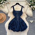 Spicy girl suspender denim flower bud dress women's summer k-style niche design waist slimming lookelegant a-line skirt