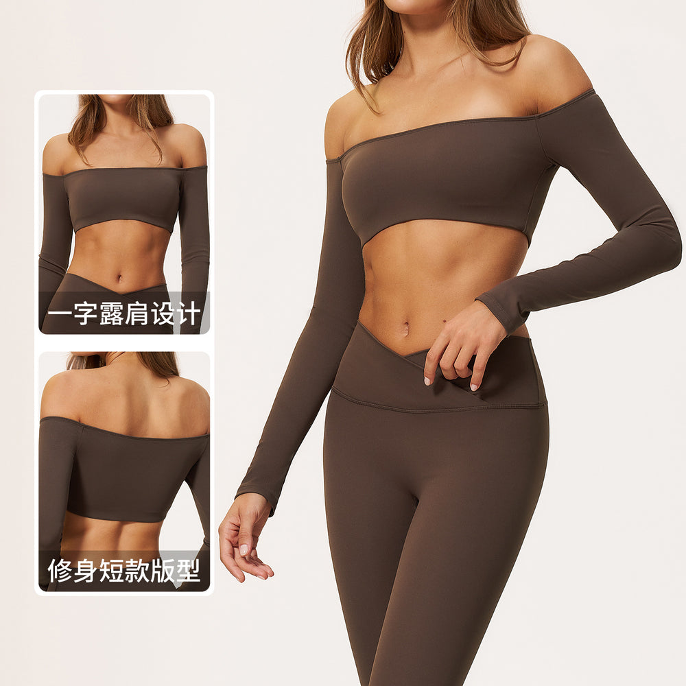 Amazon nude sports tops women's short one shoulder strap breast pad breathable high elastic quick dry yoga long sleeves 2588