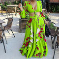 C8467  summer new fashion sexy printed tie-up top and midi skirt european and american two-piece outfit