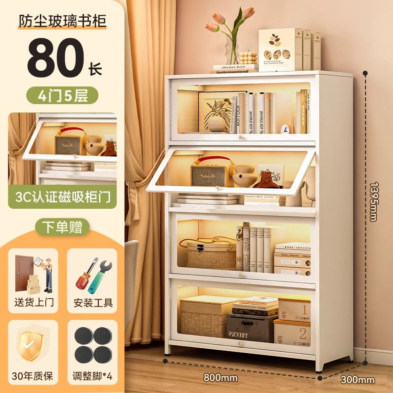 Steel bookcase with glass doors, kids' bookshelf, home living room storage cabinet, dustproof display cabinet, iron art shelf