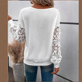Amazon cross-border new autumn women's long-sleeved v-neck patchwork hollow-out lace see-through casual t-shirt