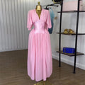 European and american cross-border women's fashion:  summer new arrival - elegant v-neck, waist-defining, patchwork a-line short-sleeve pink maxi dress