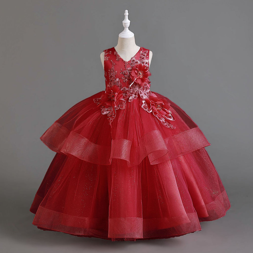 Export long skirt kids dress pearl flower wedding dress princess dress female flower girl birthday dress girl dress