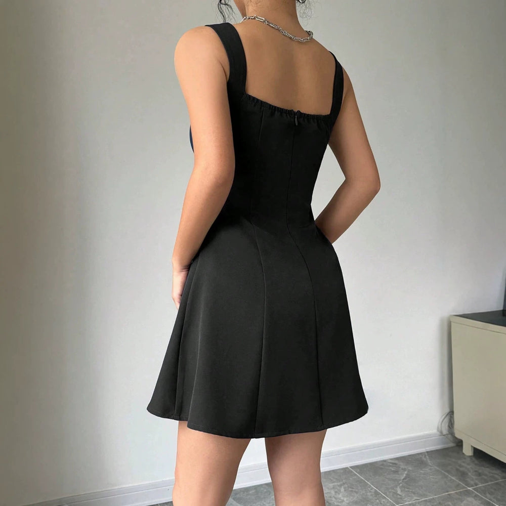 European and american cross-border   summer new fashion dress - elegant solid color spaghetti strap square neck mini dress for women