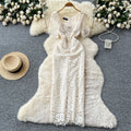 High-end women's summer dress : french chic, diamond-embellished square neck, cinched waist, short sleeve, lace bodycon maxi dress