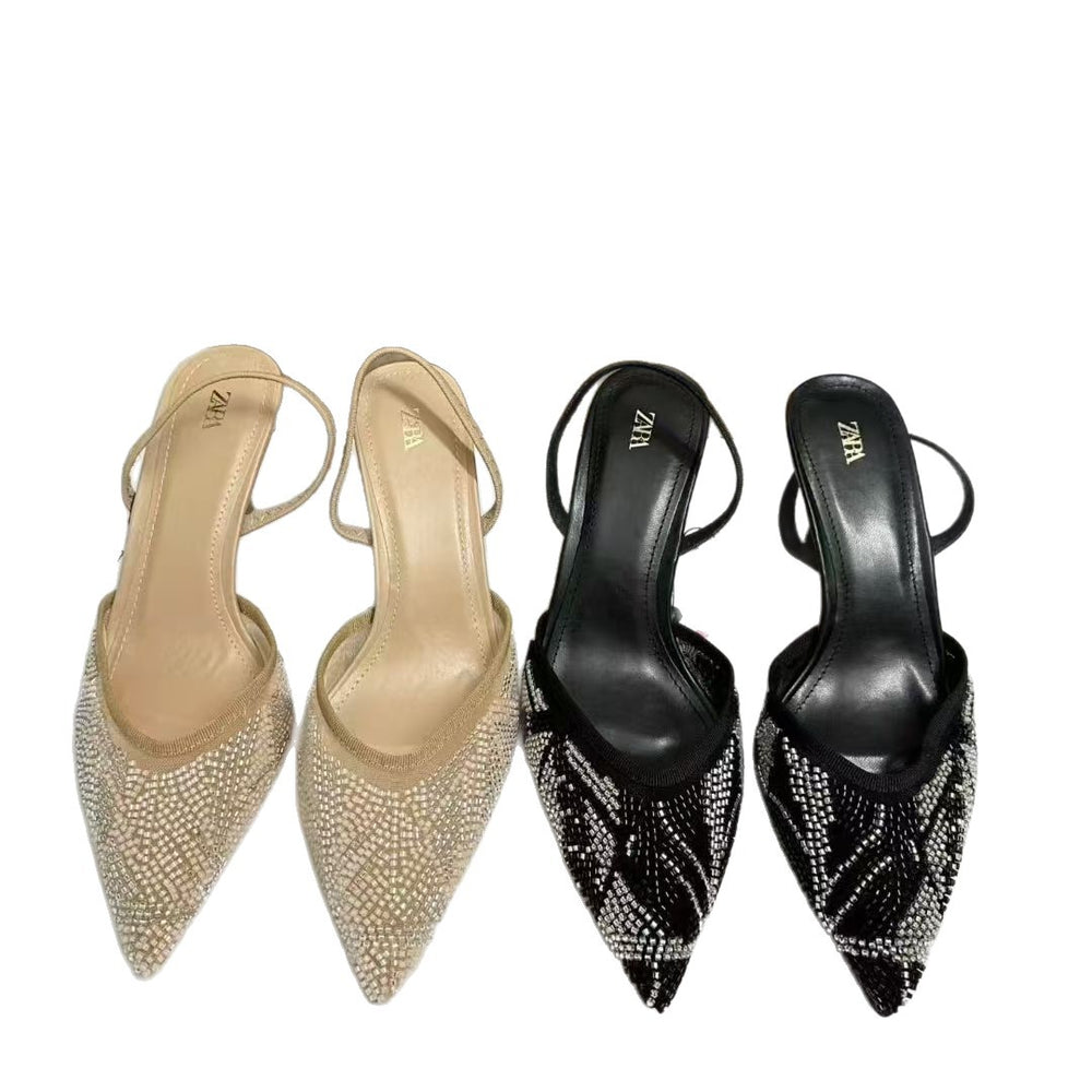 Za2025summer new rhinestone bright mesh high heels stiletto eleganceelegant women's shoes open heel pointed toe sandals
