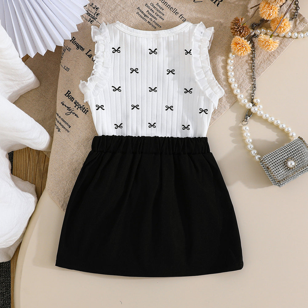 cross-border exclusive: girls' preppy style outfit - lace bow + mini skirt sleeveless dress two-piece set