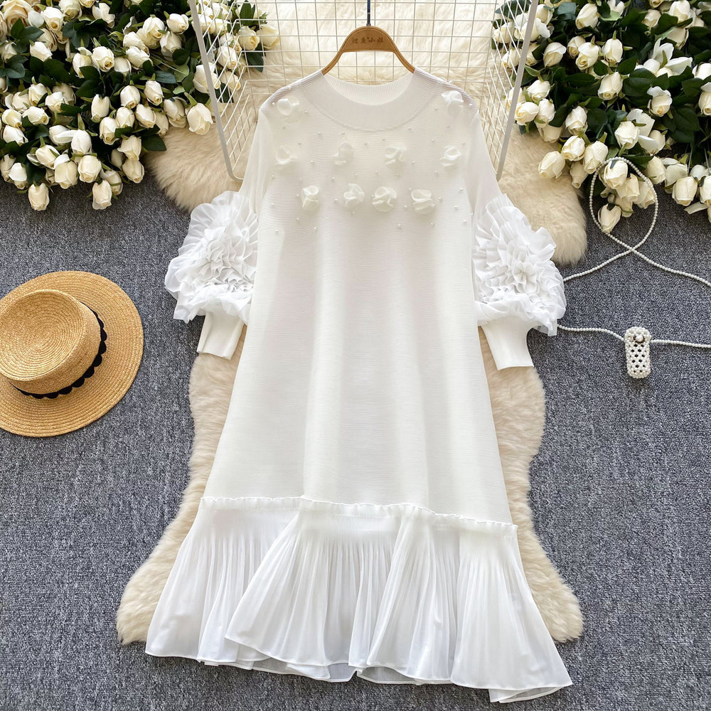 Miya pleated socialite style high-end dress - women's spring pleated 3d floral loose design elegant maxi dress