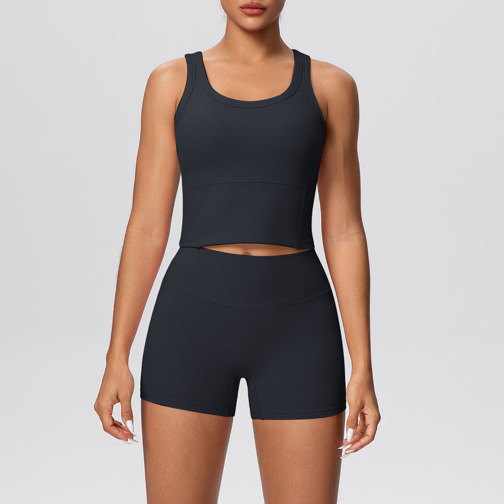 New arrival: cross-border double-sided brushed solid color breathable tank top and shorts yoga set - activewear two-piece for running and fitness