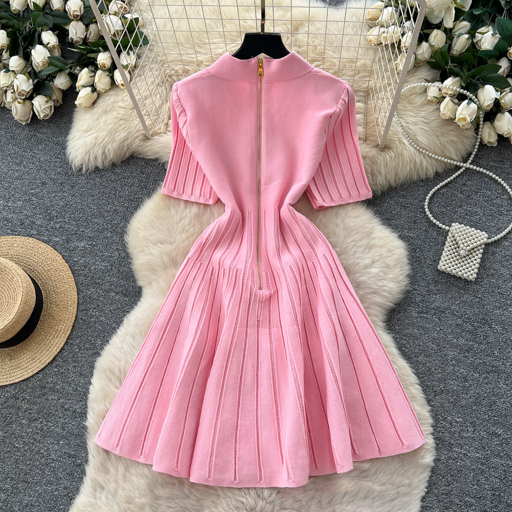 Xiaoxiangfengclassy contrast colorbows strappy long sleevesdress women's metal buckle waist slimming lookknitting short skirt