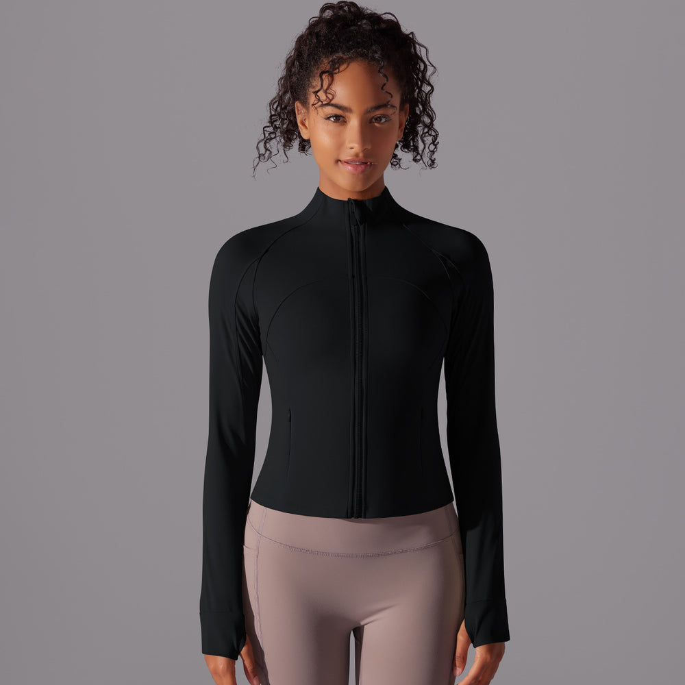 New women's solid color stand collar long zip-up long sleeve brushed fleece tight-fit activewear top for running, fitness, and yoga