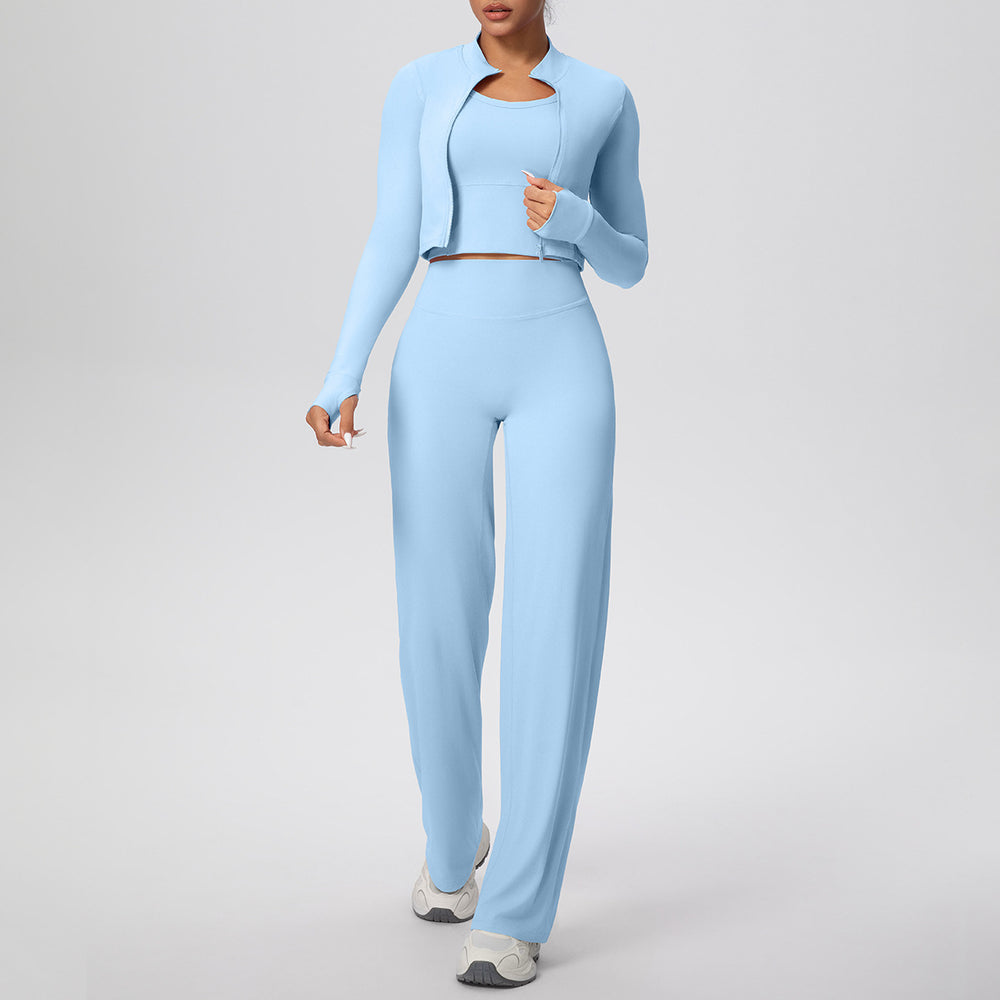 pure color brushed tight high-elastic vest wide-leg long three-piece set sports running fitness yoga suit