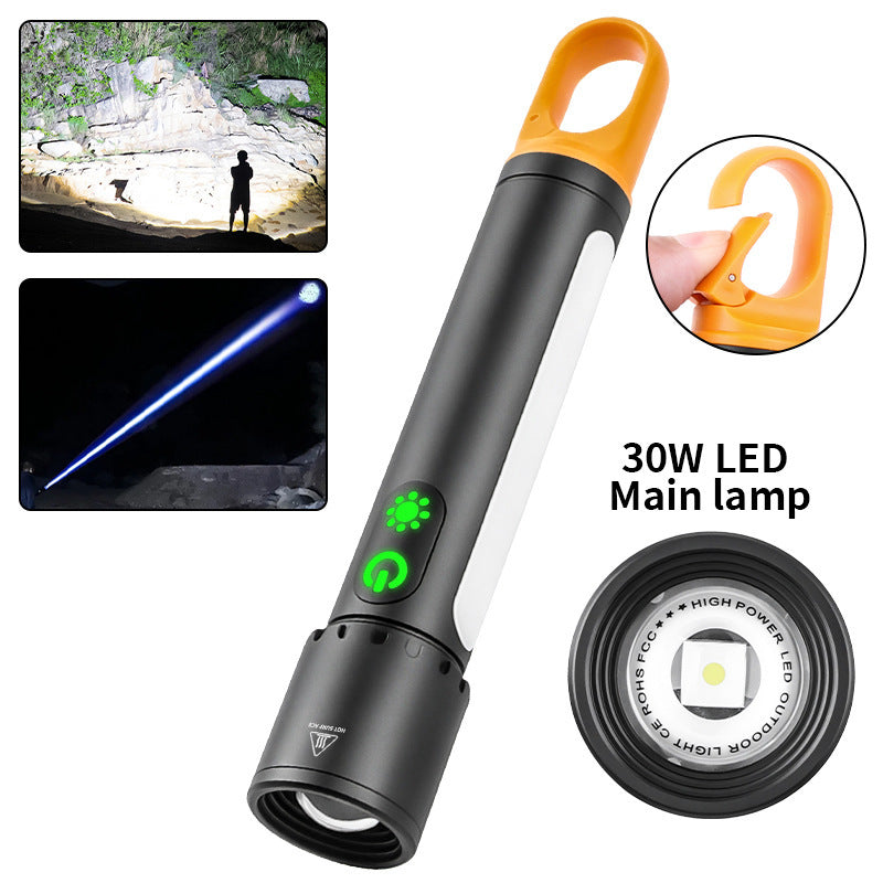 Cross-border new LED aluminum alloy flashlight Type-C charging can output aluminum-plastic telescopic zoom remote flashlight