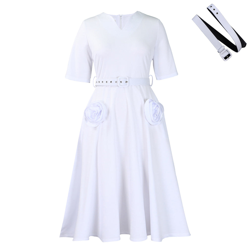 D576 women's foreign trade summer  new fashion v-neck elegant short sleeve cinched waist a-line dress plus size european and american style dress