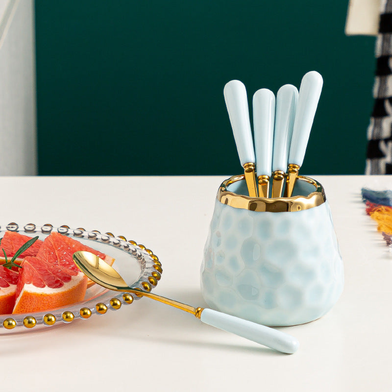 Simple fruit fork spoon ceramic storage jar stainless steel high-looking ceramic handle fruit fork household set wholesale