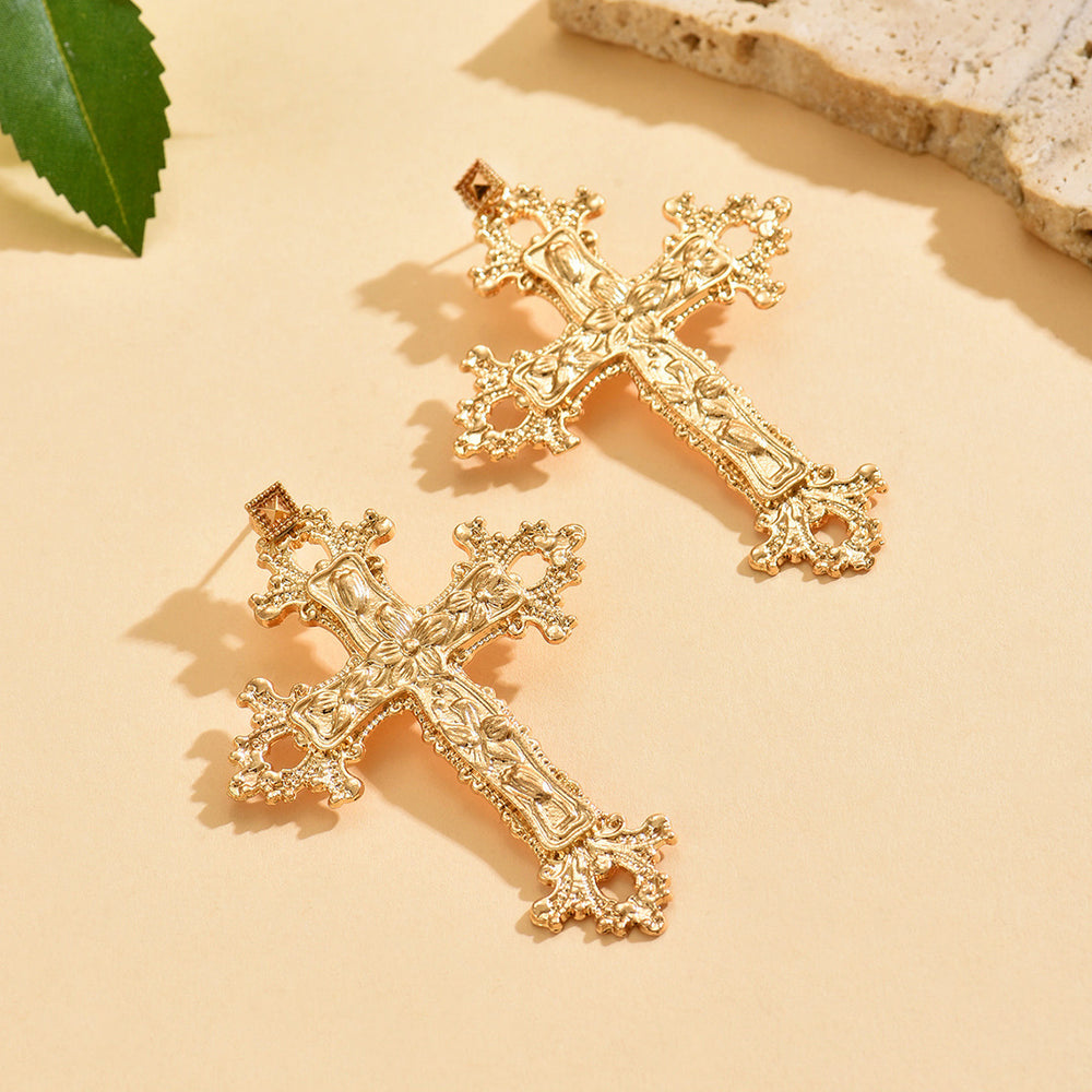 Wholesale metal cross earrings - cross-border hot seller, alloy accessories, women's fashion, vintage, niche, hollow flower earrings