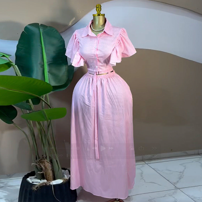 European and american women's clothing  autumn new collection: sweet and fresh turn-down collar flared sleeve blouse with high-waisted slimming midi skirt two-piece set