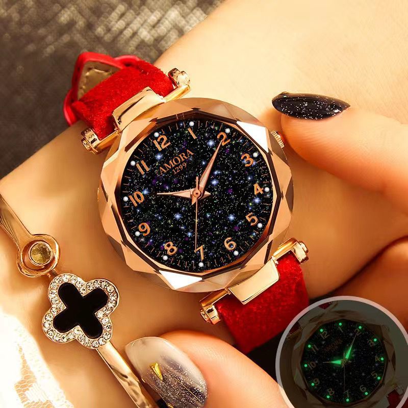 New wholesale women's watches, fashionable and trendy digital face ladies' student starry sky dial quartz wristwatch with leather strap