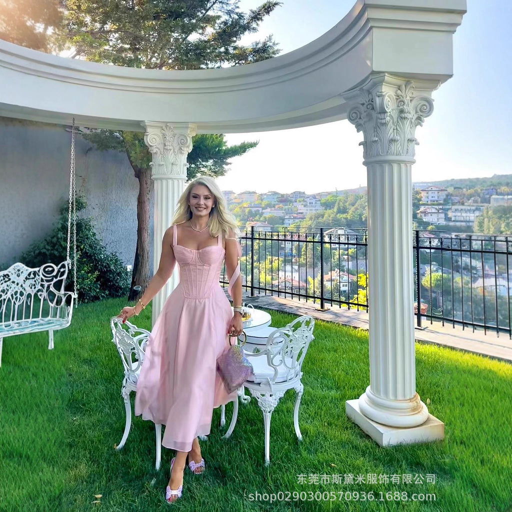 SDM158 temperament pink bow with fishbone tube top suspender pleated dress new holiday girl dress