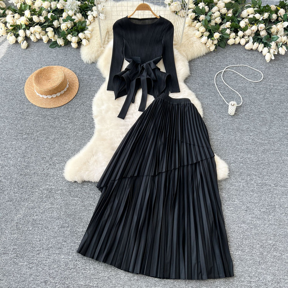 fashion style miyake pleated tie back waist asymmetrical hem pleated tops pleated skirt suit for women