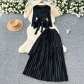 fashion style miyake pleated tie back waist asymmetrical hem pleated tops pleated skirt suit for women