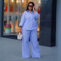 European and american cross-border women's clothing  summer new fashion casual loose striped shirt wide-leg pants casual set
