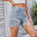 Fashion cross-border  summer new  independent station washed diamond-encrusted beaded denim shorts tassel hot pants