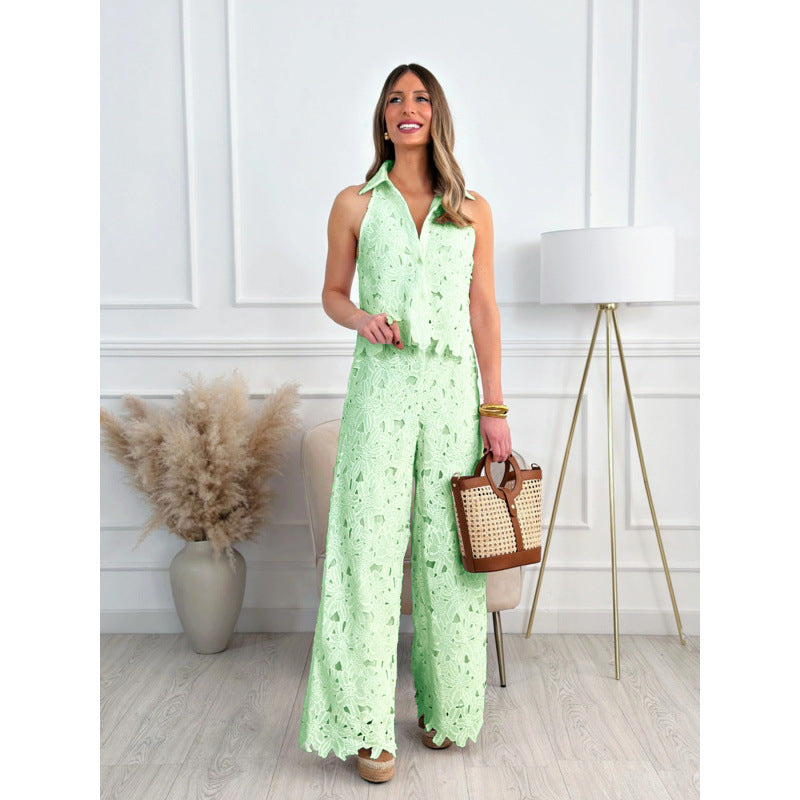 Amazon  summer french style embroidered cutout v-neck tank top + wide-leg straight-leg pants set