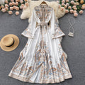 Spring autumretro stand-up collar bell sleeves printingdress women's fashion ins palace style large swing over-the-knee long skirt