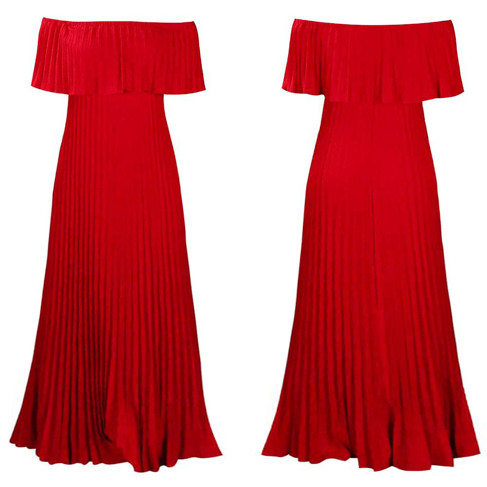 C8594  foreign trade women's new sexy off-the-shoulder pleated maxi dress - european and american style