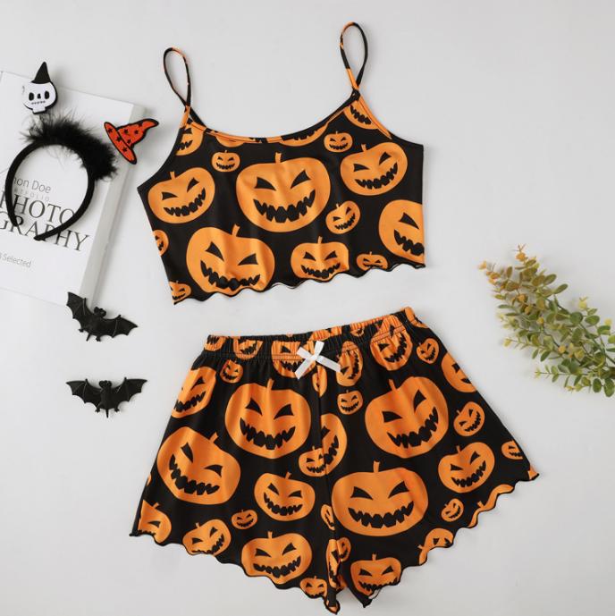 Fashion cross-border   fashion women's clothing skull hand printing suspender tops and shorts home wear suit