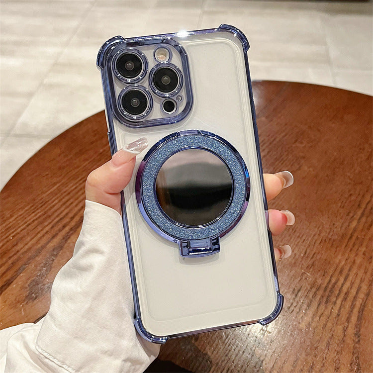 Four-corner electroplated glitter mirror phone case for apple 16 pro, iphone 12/11 with ring stand