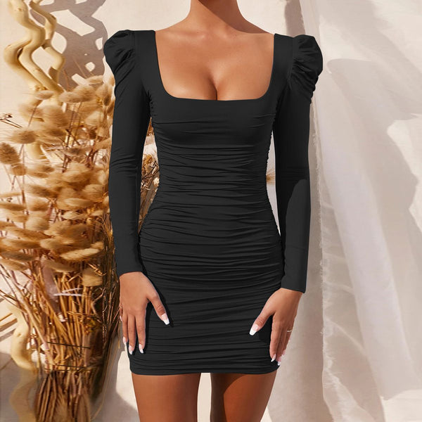European and American Women's Clothing Sexy Spice Girls Backless Pile Shoulder Long Sleeve Slim Fit Fleece Hip Wrap Dress