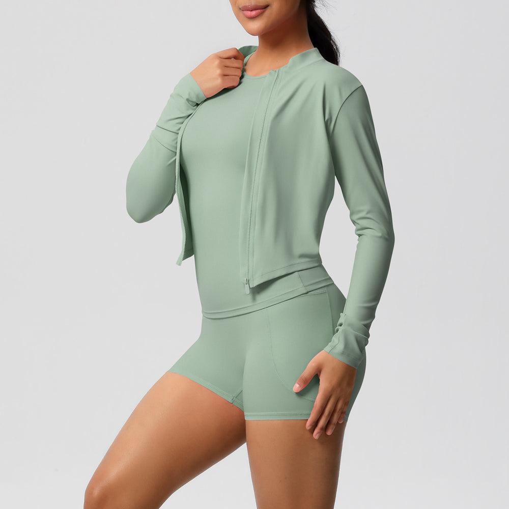 Fashion cross-border cloud-like brushed sports zipper outwearcasual running hip pocket shorts yoga clothes three-piece set